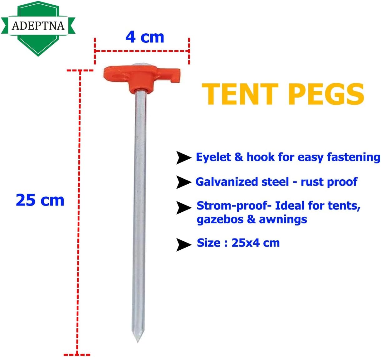 ADEPTNA Large Pack of 10 Galvanized Steel Rust Proof Tent Pegs – These Steel Hard Ground Pegs are Ideal for a Hard And Rocky Ground