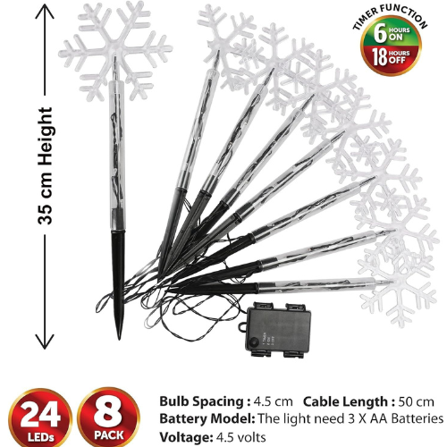 ADEPTNA 8 Pack Snowflake Path Stake Lights –Supper Bright LED with Timer Function - Ideal for Paths Borders Gardens Patio or Drive Way Christmas Decoration (ICE White)