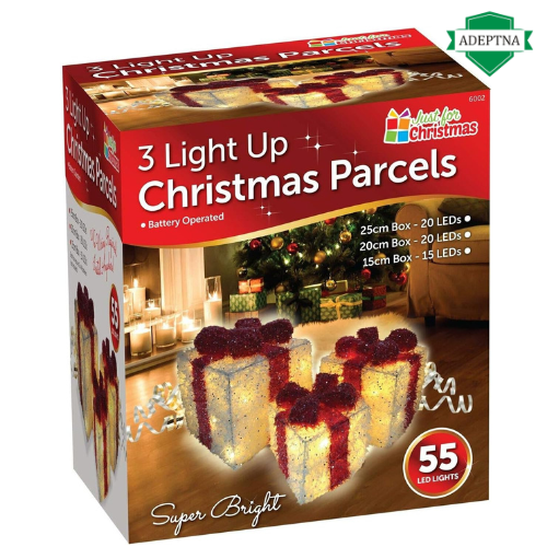 ADEPTNA New Set of 3 Christmas Light Up Glitter Parcels Box set - Illuminated Presents Xmas Decoration Gift Battery Operated 55 LED Super Bright (WHITE & RED)