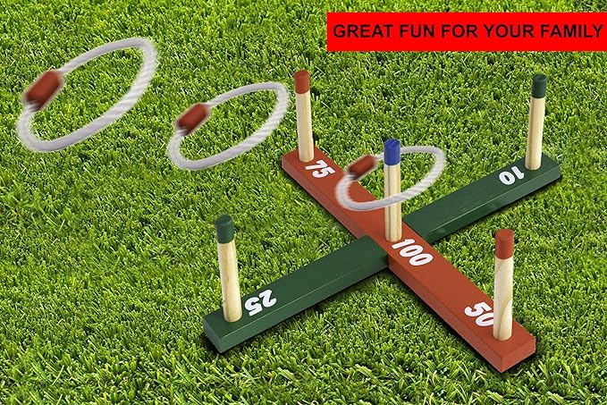 ADEPTNA Wooden Garden Indoor Outdoor Quoits - Traditional Classic Family Pegs And Rope Hoopla Game - Part BBQ Games Kids Adult Family Fun Party Games