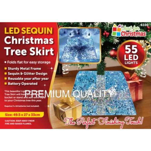 ADEPTNA Premium Xmas Tree Skirt Base Decoration Glowing with 55 LED lights Base light Stand Christmas Wicker Cover – The Perfect Finishing Touch (BLUE SKIRT & SILVER RIBBON)
