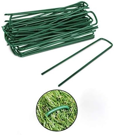 ADEPTNA Heavy Duty Green U-Shaped Garden Pins Securing Galvanised Metal Pegs For Artificial Grass Weed Fabric Landscape Netting Ground Sheets Fleece 15cm Powder Coated (PACK OF 50)