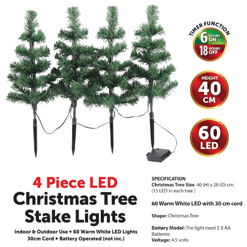 Almineez 4 x Christmas Tree Pre-Lit 60 LED Pathway Lights Garden Indoor Outdoor Path Stake Lights Xmas Decorations - Pathfinder Festive Lights with 6 Hour Timer (Warm White LED)