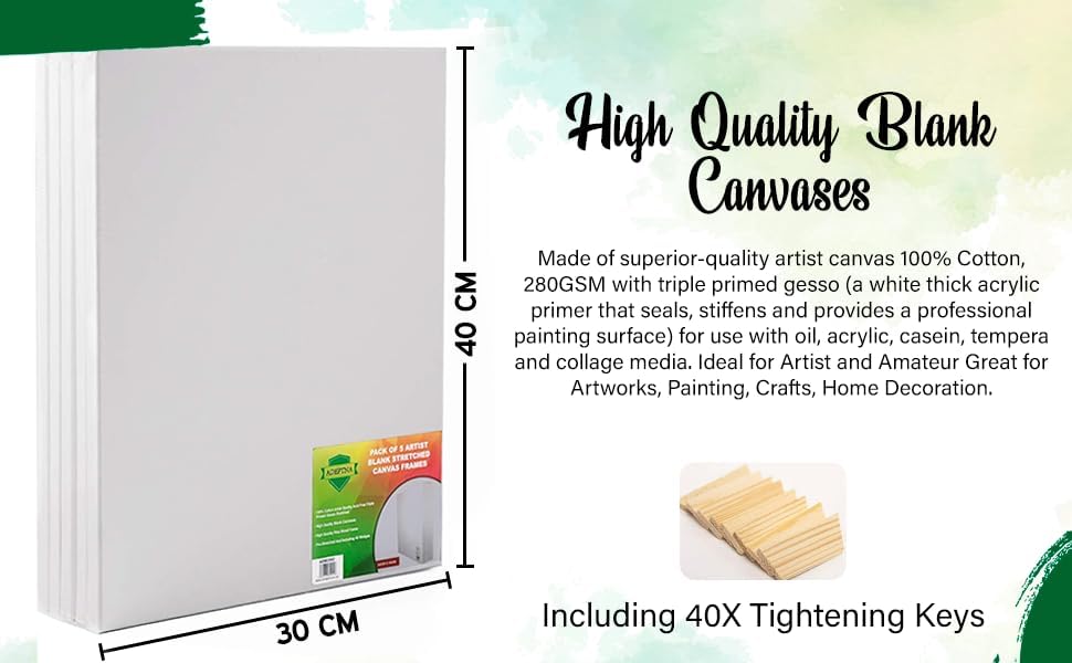 ADEPTNA Pack of 5 Artist Blank Stretched Canvas Frames - 100% Cotton Artist Quality Acid Free Triple Primed Gesso Stretched Canvas Frames with 40 Tightening Keys (30CM X 40CM)