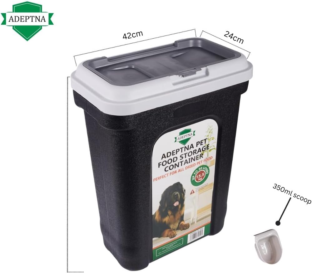 ADEPTNA Large 30L Pet Food Storage Container Flip Top Locking System with Integrated Scoop – Airtight Pet Dog Cat Animal Birds Dry Food Dispenser Bin (GREY LID)