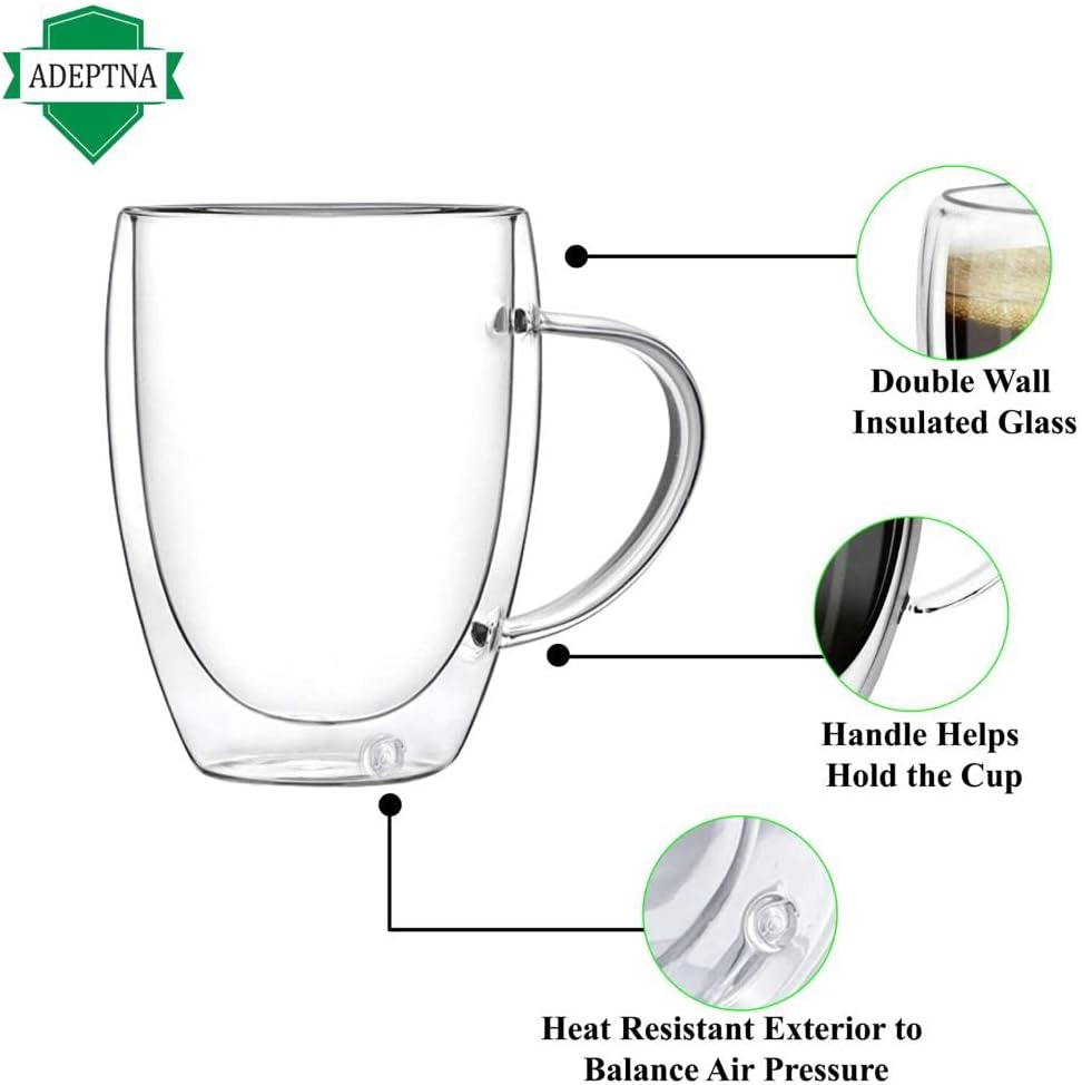 ADEPTNA Finest Large Pack of 2 Double Wall Glass Mugs Insulated Glass with Handle - Idea Gift for Xmas or Any Occasions (2 X 350ML)