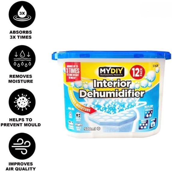 ADEPTNA 12 Pack x 500ml Dehumidifier Interior Damp Moisture Mould Mildew Remover - Extremely Helpful in Reducing and Stooping Damp Mould and Moisture