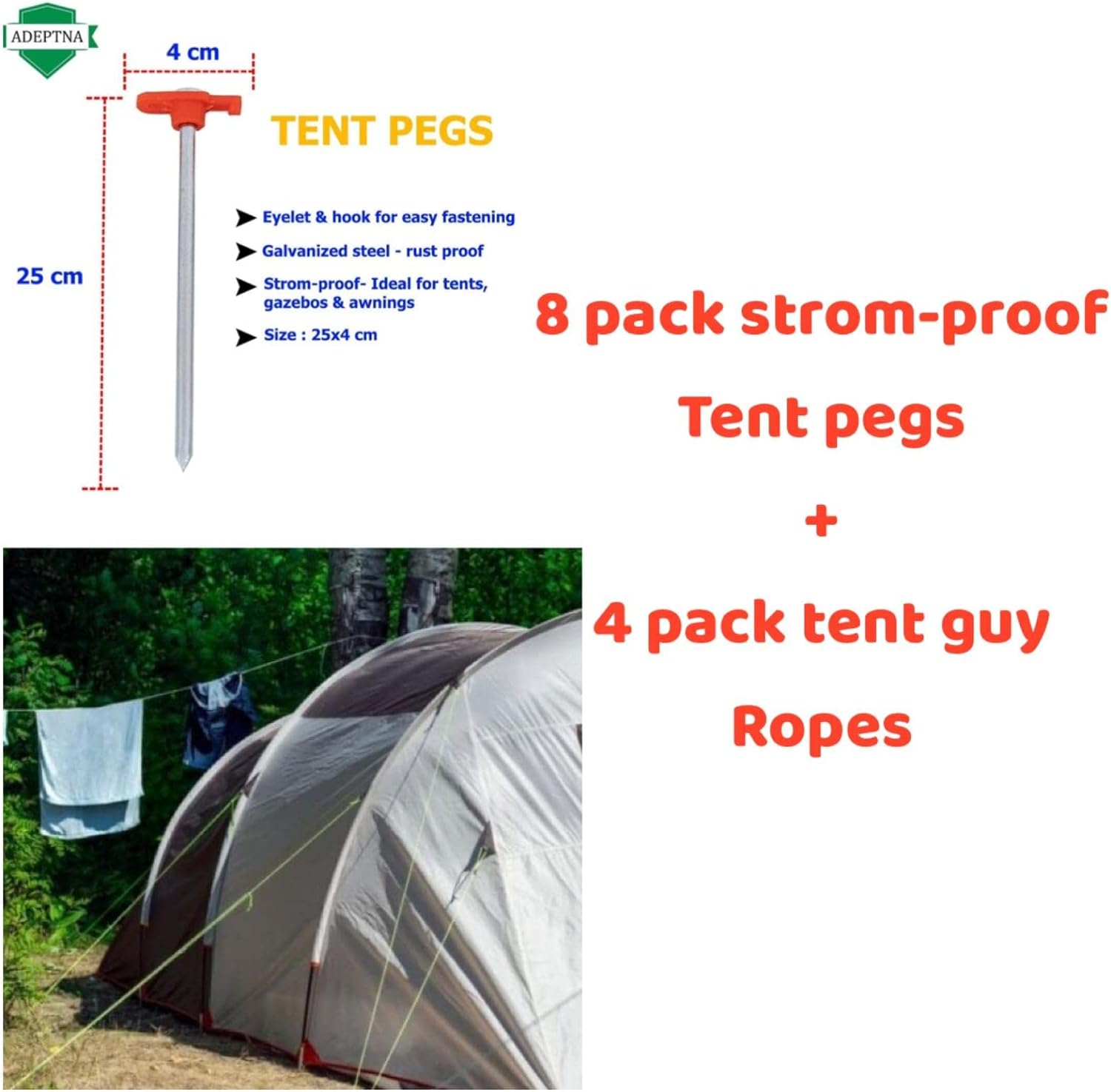 ADEPTNA Large Pack of 8 Heavy Duty Storm Proof Galvanized Steel Rust Proof Tent Pegs With 4 Pack Tent Guy Ropes Reflective with Tension Adjuster