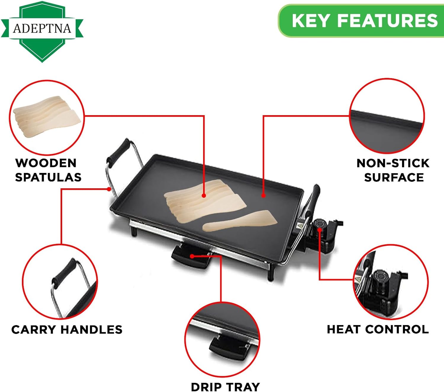ADEPTNA Electric Teppanyaki Table Top Grill Griddle BBQ Barbecue 2000W with 8 Spatulas