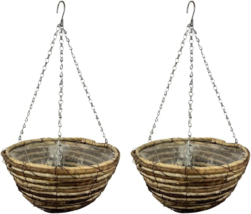 ADEPTNA Set of 2 Round Garden Hanging Baskets with Lined and Detachable Hanging Chain - Natural Basket Hanging Plants Flower Planter Pot (12’’ WICKER ROPE BASKETS)
