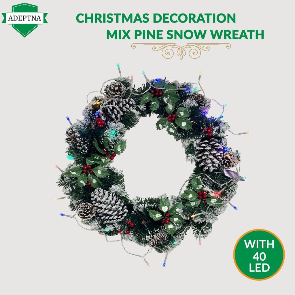 ADEPTNA Christmas Decoration Wreath with 40 LED String Lights Front Door wall Hanging Garland festival Decorations (MIX PINE WREATH)