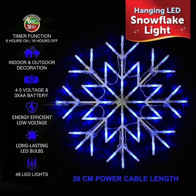 ADEPTNA Hanging 48 LED Snowflake Christmas Light with Timer Function and Battery Operated- Silhouette Window Xmas Festive Party Decoration Lights Home Office Indoor (Cool Blue)