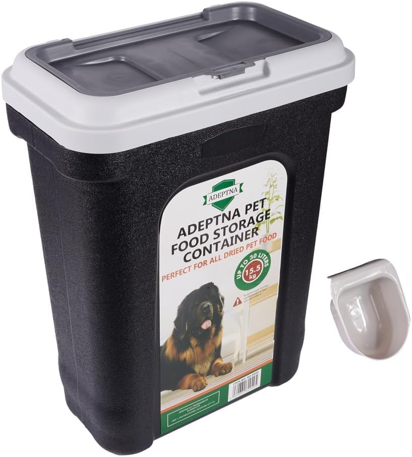 ADEPTNA Large 30L Pet Food Storage Container Flip Top Locking System with Integrated Scoop – Airtight Pet Dog Cat Animal Birds Dry Food Dispenser Bin (GREY LID)
