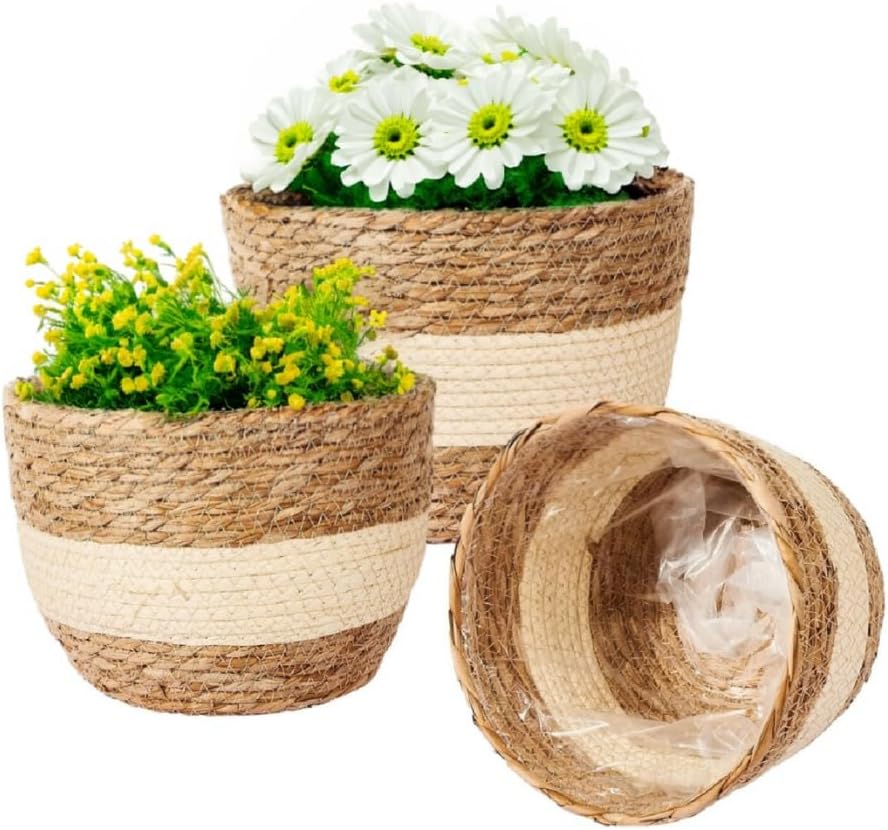 ADEPTNA 3pcs Wicker Plant Basket with Liner – 3 Sizes Seagrass Woven Natural Planter Baskets Home Decorative Plant Pot for Flowers Plants Trees Baskets for Indoor Outdoor Home Decoration