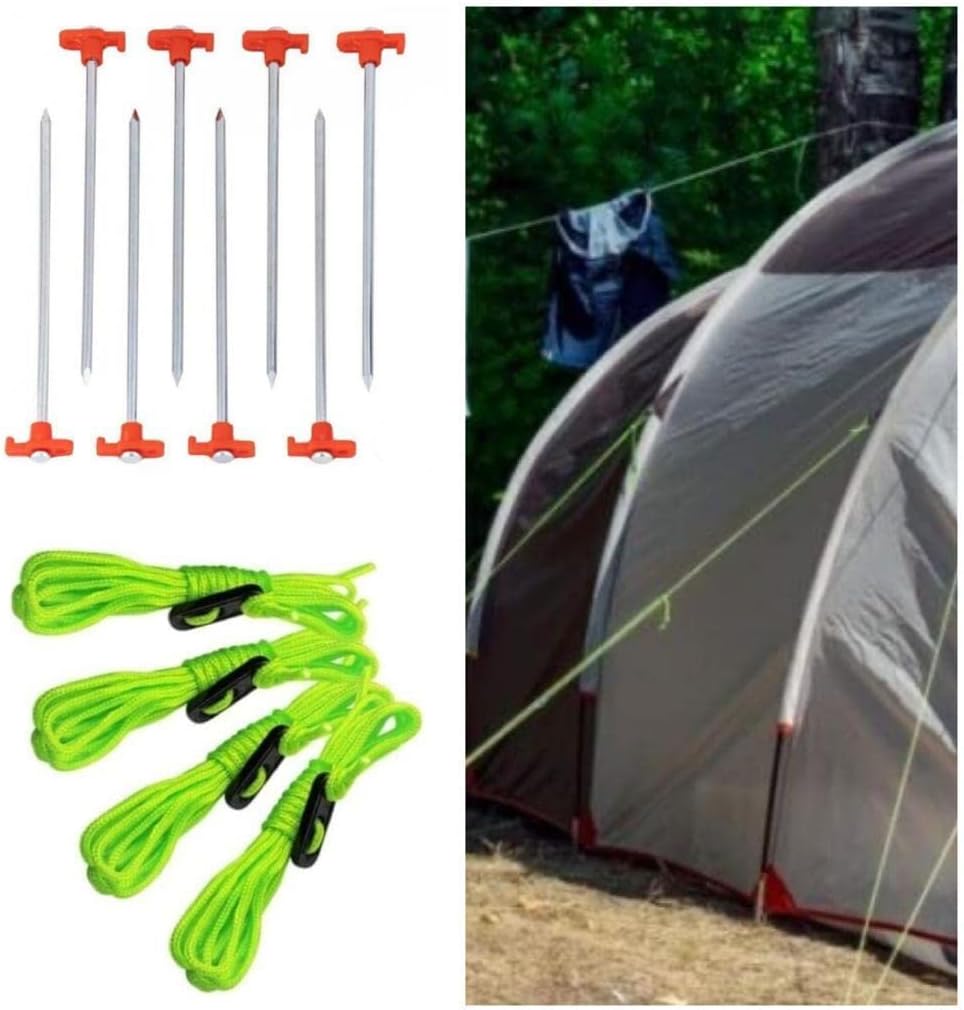 ADEPTNA Large Pack of 8 Heavy Duty Storm Proof Galvanized Steel Rust Proof Tent Pegs With 4 Pack Tent Guy Ropes Reflective with Tension Adjuster