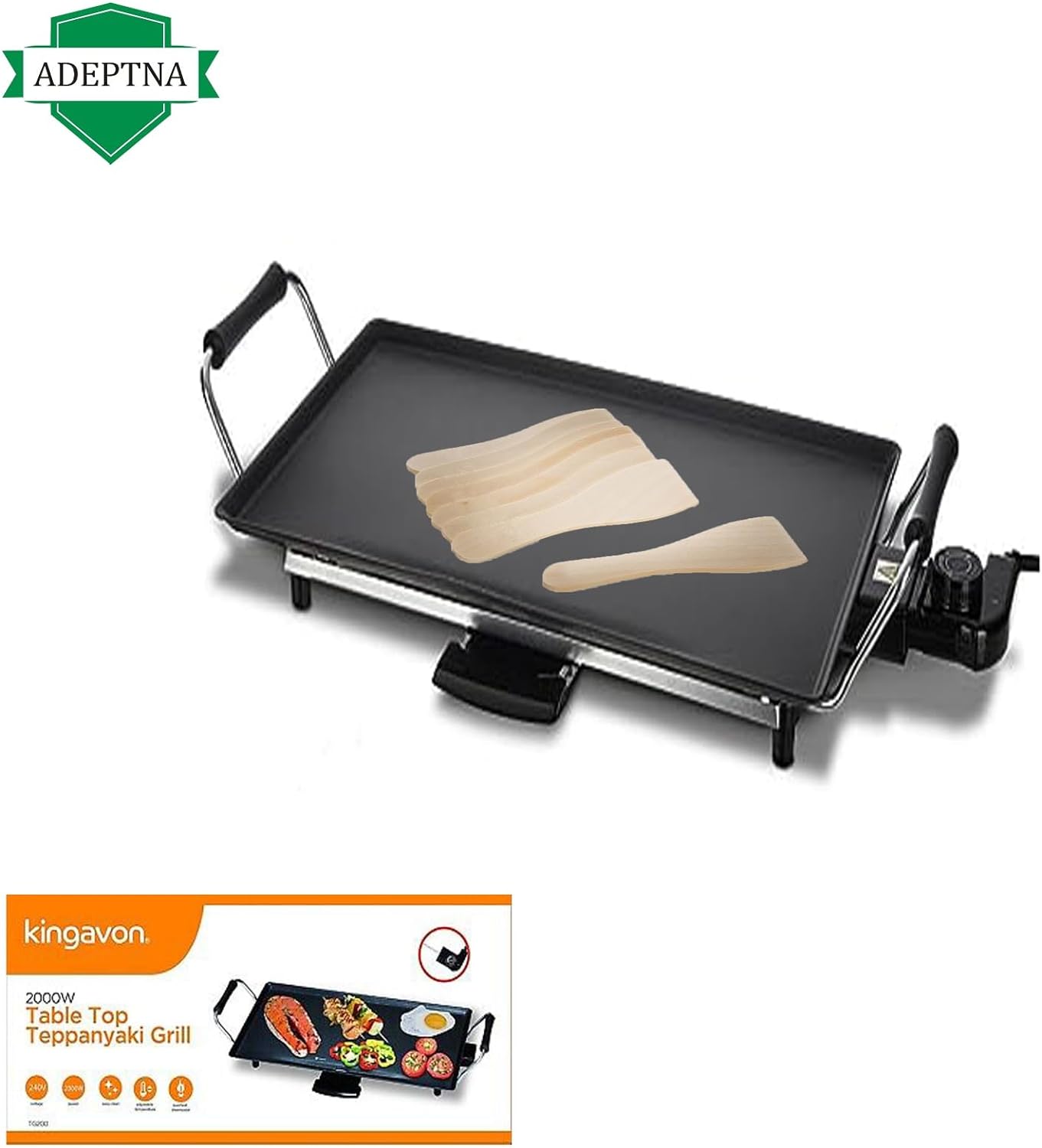 ADEPTNA Electric Teppanyaki Table Top Grill Griddle BBQ Barbecue 2000W with 8 Spatulas