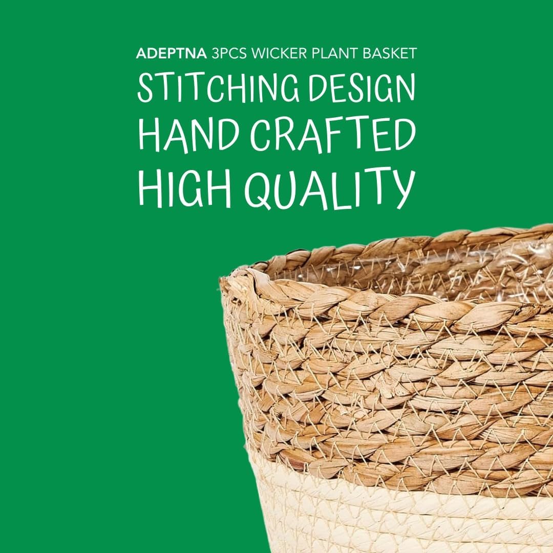 ADEPTNA 3pcs Wicker Plant Basket with Liner – 3 Sizes Seagrass Woven Natural Planter Baskets Home Decorative Plant Pot for Flowers Plants Trees Baskets for Indoor Outdoor Home Decoration