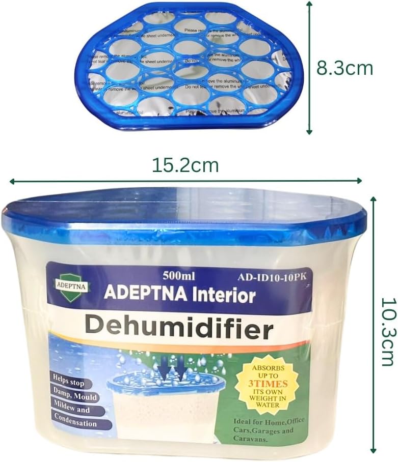 ADEPTNA 500ML INTERIOR DEHUMIDIFIERS MOULD MILDEW REMOVER ABSORBS MOISTURE HELPS STOP DAMP AND CONDENSATION - IDEAL FOR HOME KITCHEN BATHROOM OFFICE CARAVAN GARAGE (PACK OF 10)
