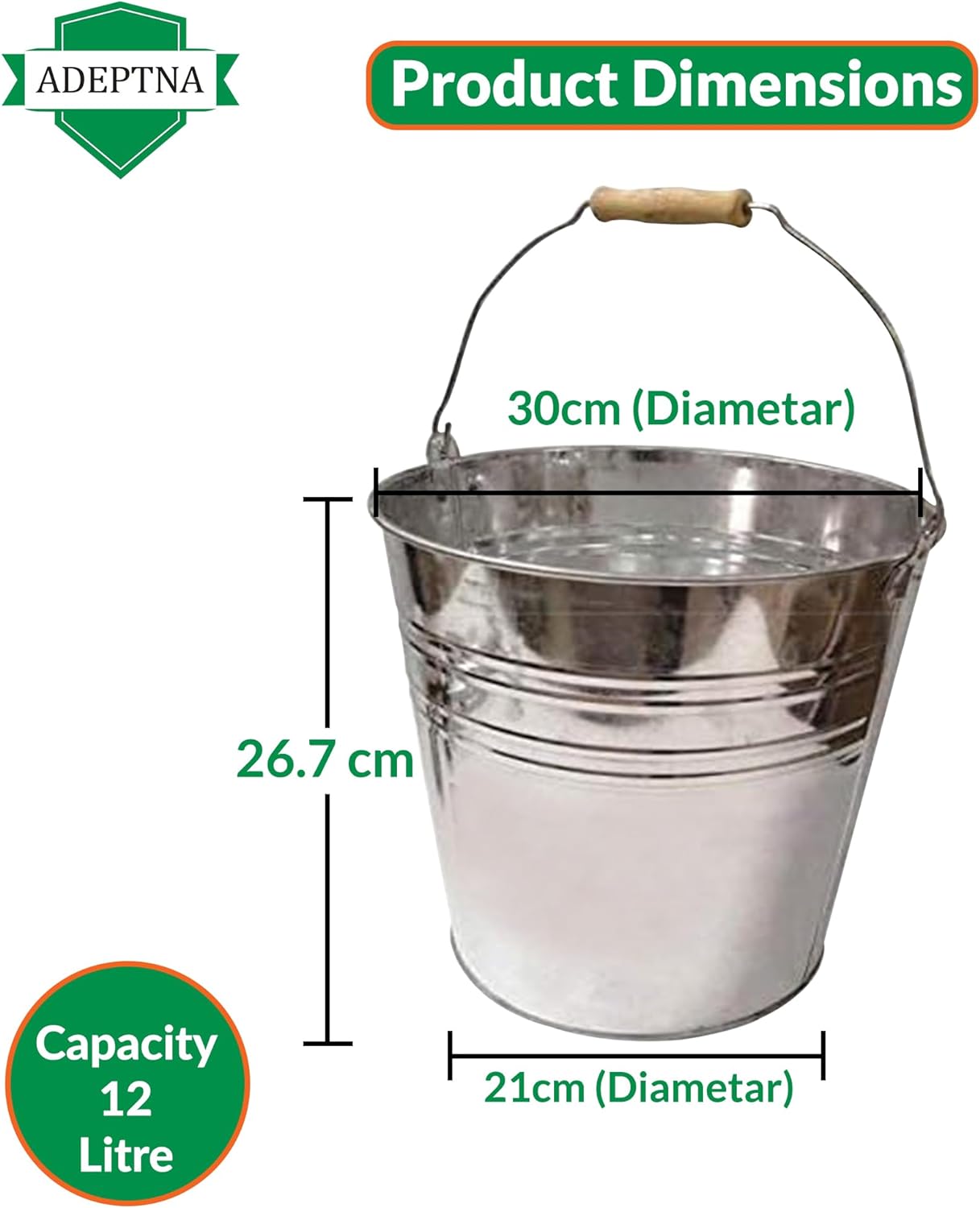 ADEPTNA Robust Galvanized Steel Bucket with Wooden Handle for Cleaning Garden Storage Hot Ash Coal Bucket Garden Waste Drink Cooler Bucket for Multipurpose (12 Liter)
