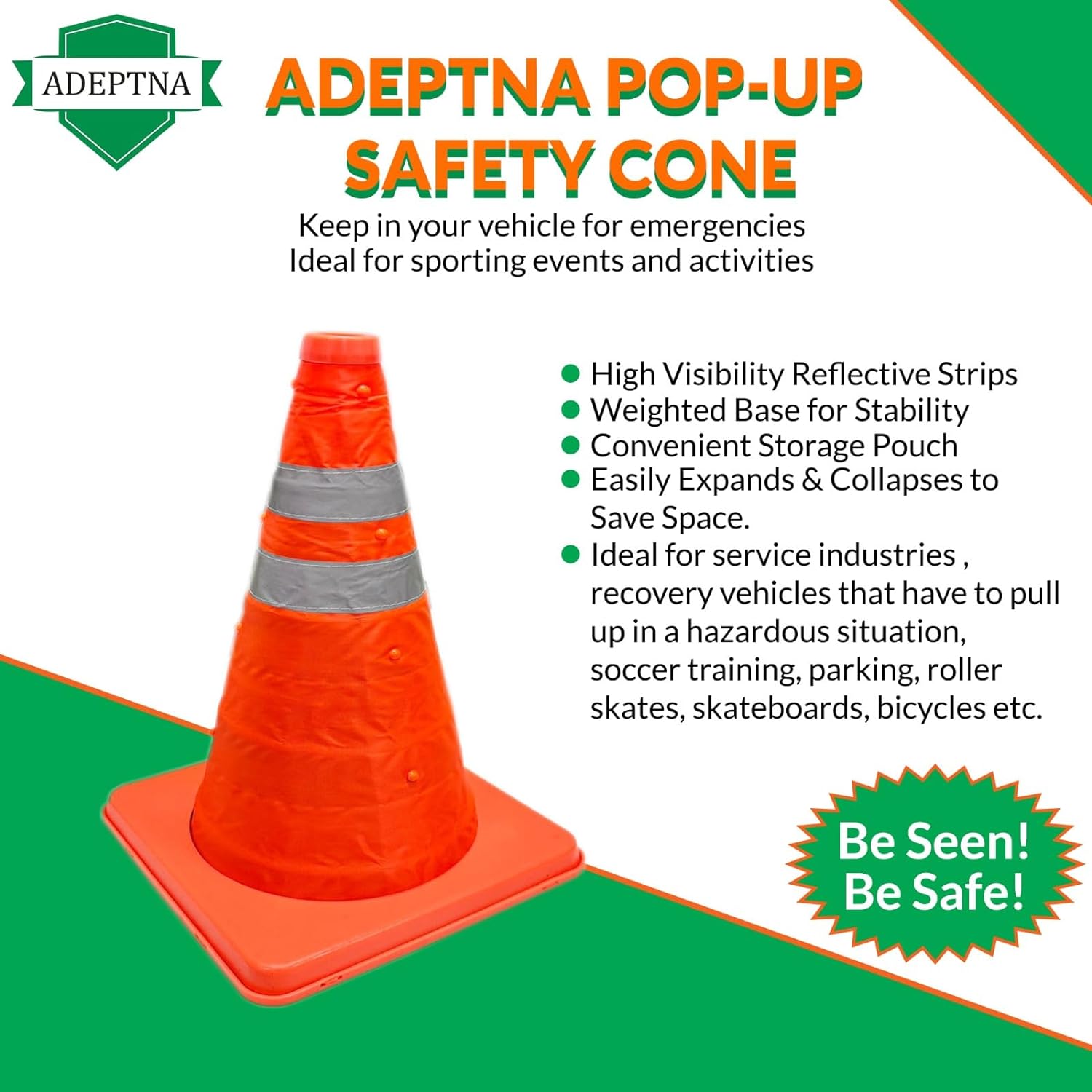ADEPTNA Pack of 2 Pop Up Safety Cone 18 inch High Visibility Emergency Accident Road Traffic Sports Events Parking Post
