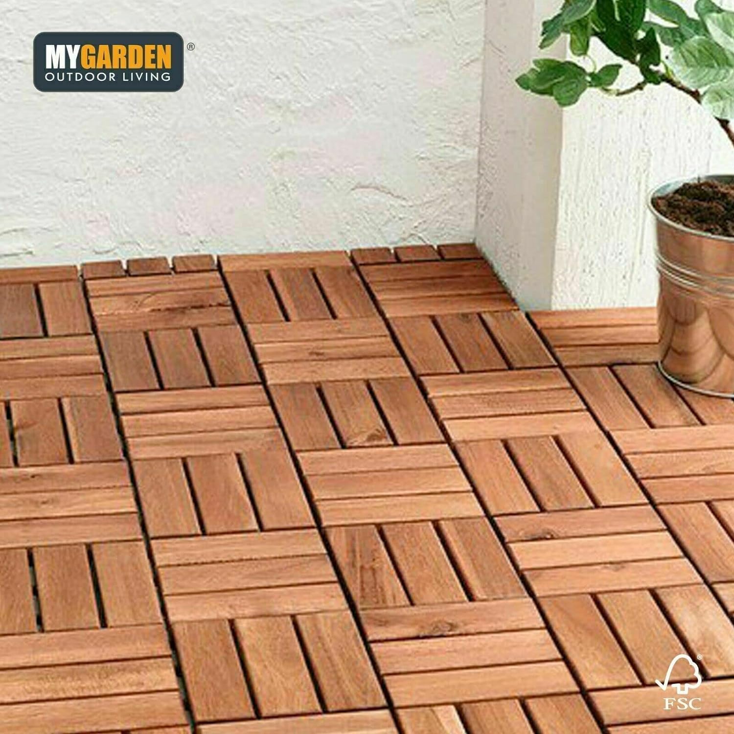 ADEPTNA Pack of 18 Durable Wooden Decking Tiles - Wooden Tiles for Garden Patio and Outdoor Deck Areas – Easy to Install Interlocking Click System (18)