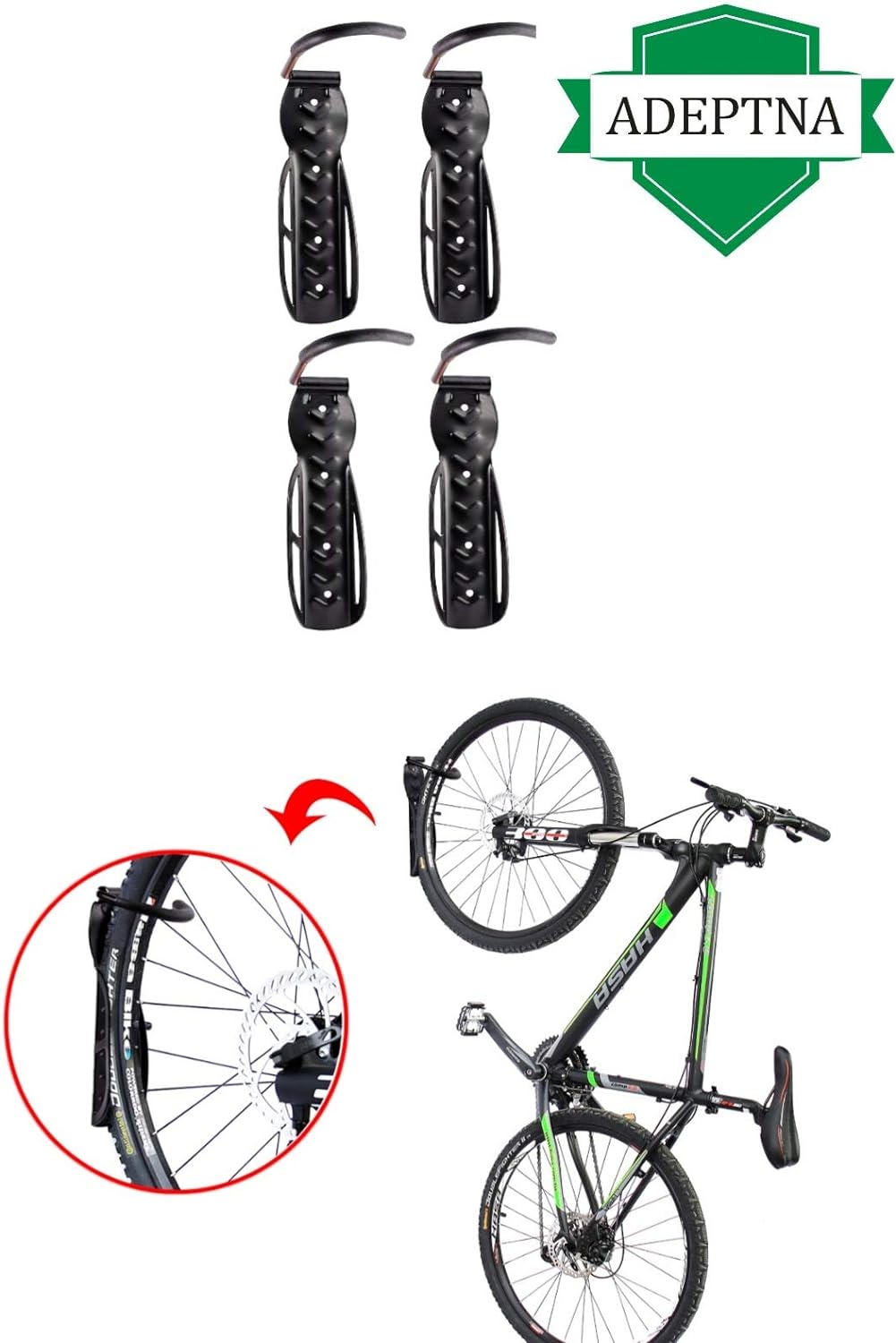 ADEPTNA Set of 4 Heavy Duty Vertical Wall Mounted Bicycle Storage Hanging Hooks - Suitable For Indoor Or Outdoor Use