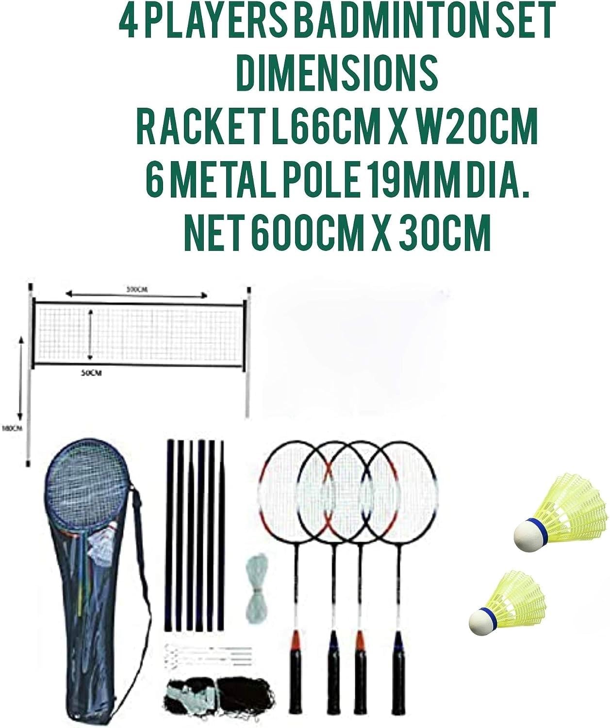 ADEPTNA 4 Player Complete Badminton Racket Set With Shuttlecock Size Metal Pole