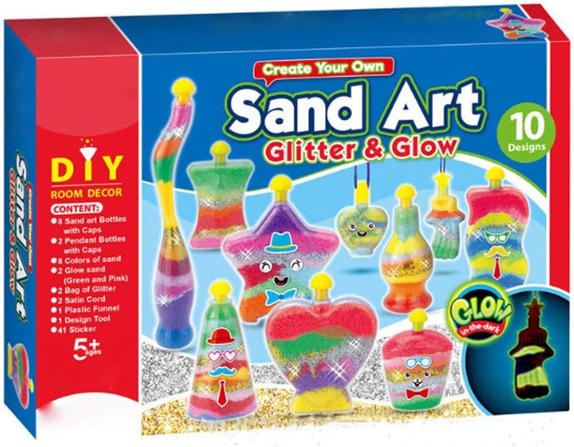 ADEPTNA DIY 10 PC Sand Art Glitter and Glow Art Kit for Kids Toddlers – Create Your Own Creative Art Craft DIY with Assorted Shape Bottles and Pendant Decorative Glitters Sand Art Activity
