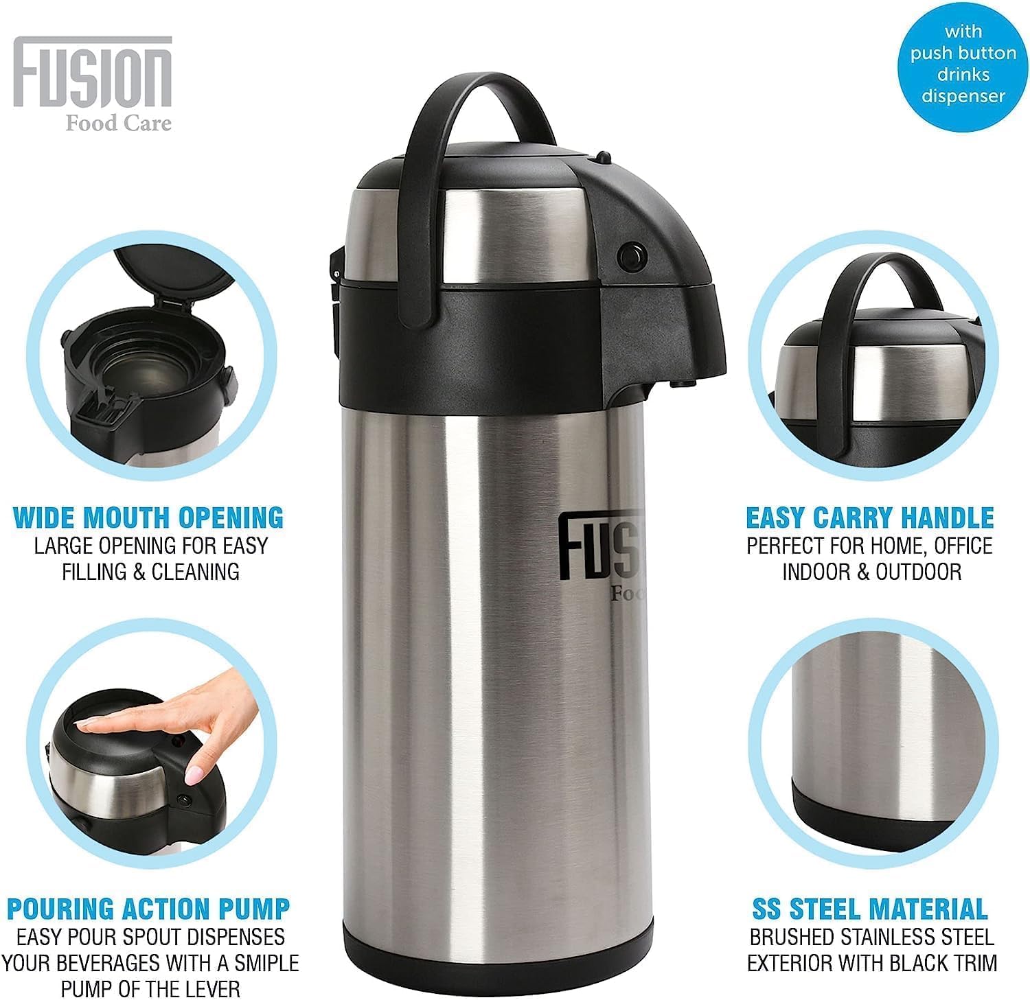 ADEPTNA Stainless Steel Double Wall Air Pot Hot Tea Coffee Drinks Vacuum Insulated Flask Pump Action - Safety Lock and Carry Handle (3L Capacity)