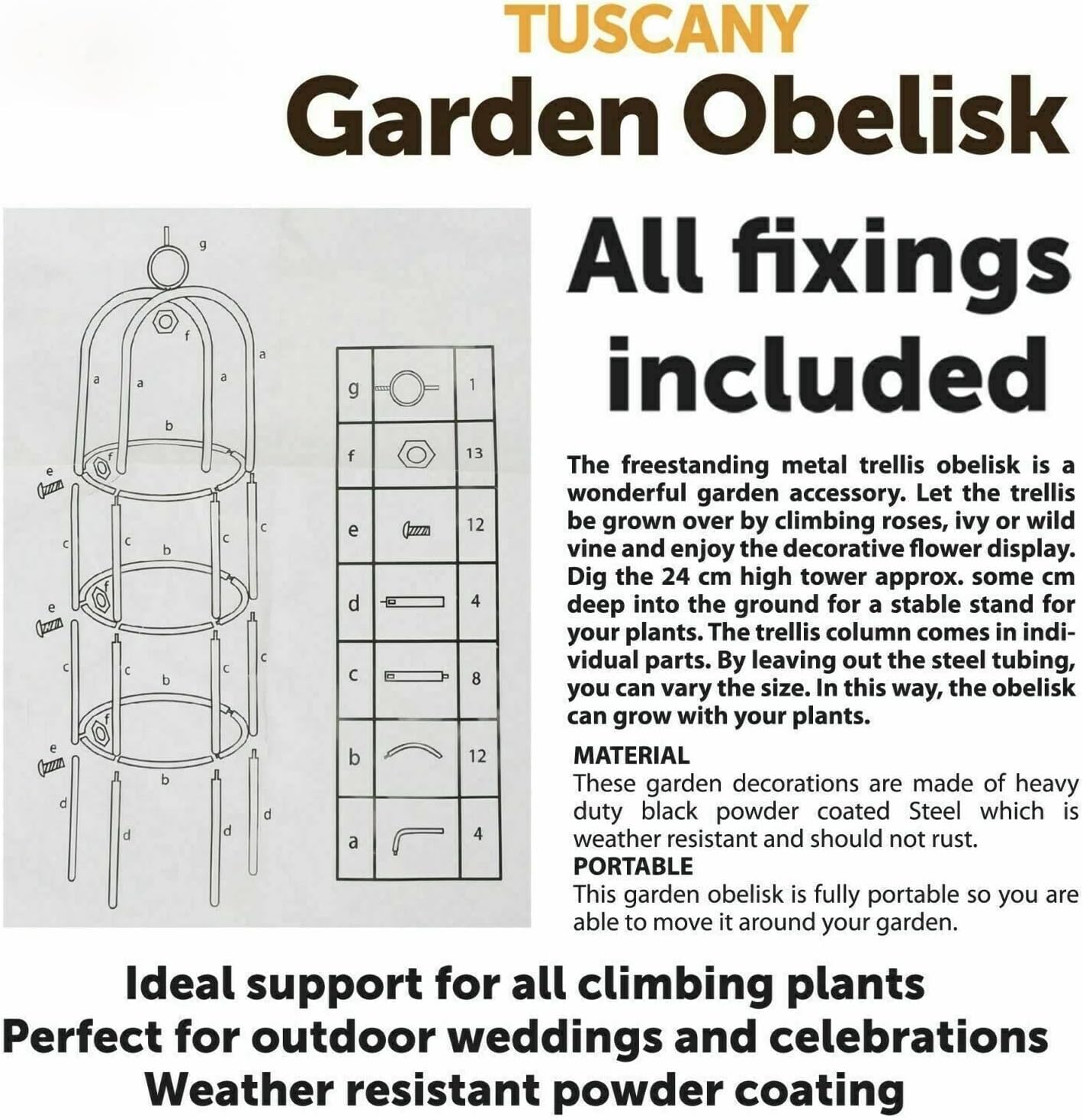 ADEPTNA Garden Obelisk Metal Feature Climbing Plants and Roses Steel Tubular structure 1.9m Flowers Steel Frame- Weather resistant Powder Coating