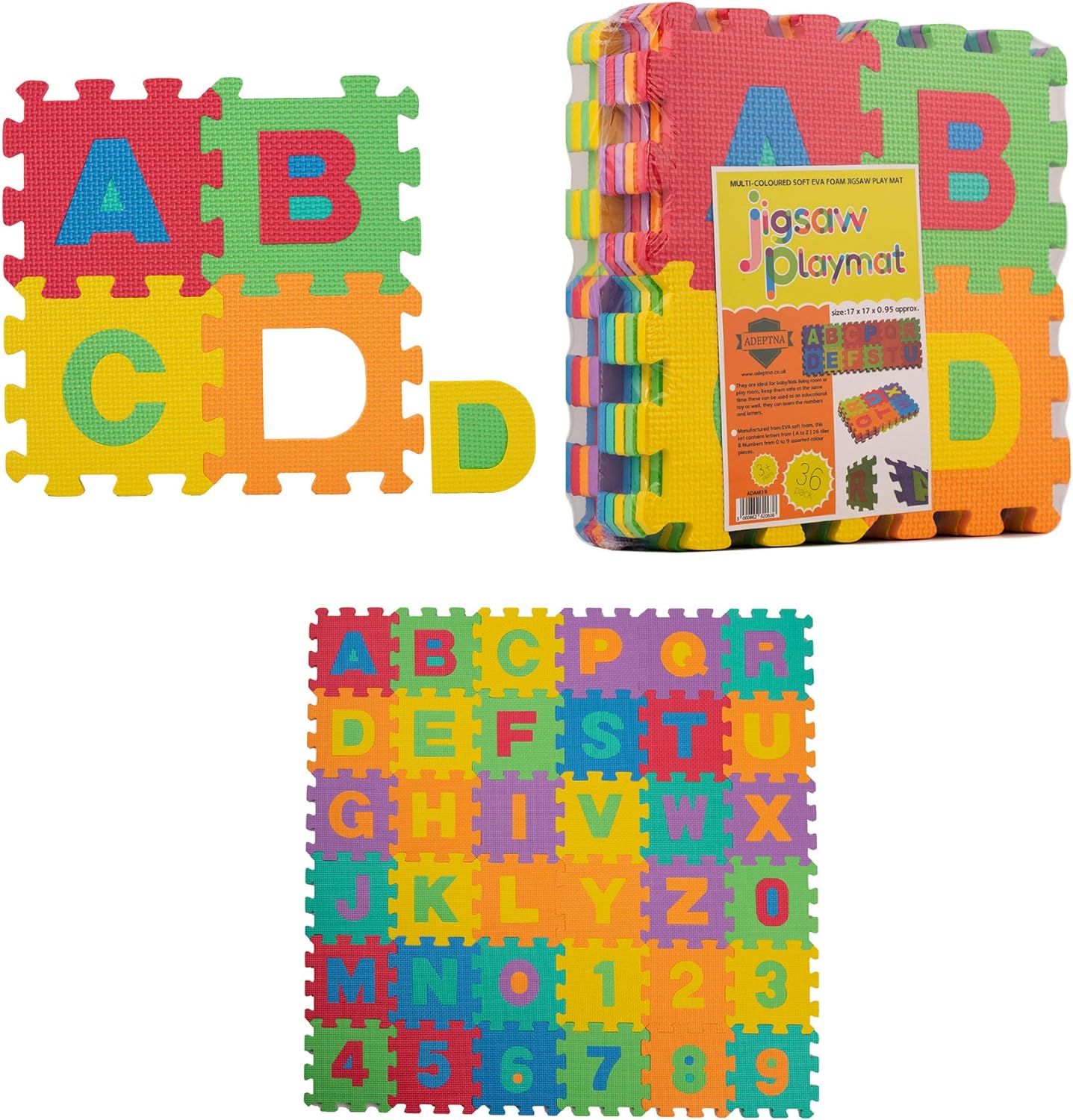 ADEPTNA 36 PCS MULTI-COLOURED SOFT EVA FOAM JIGSAW PLAY MAT LETTERS AND NUMBERS