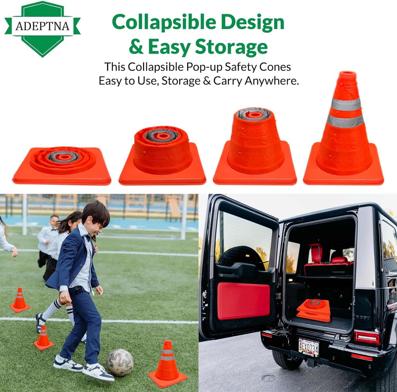ADEPTNA Pack of 2 Pop Up Safety Cone 18 inch High Visibility Emergency Accident Road Traffic Sports Events Parking Post