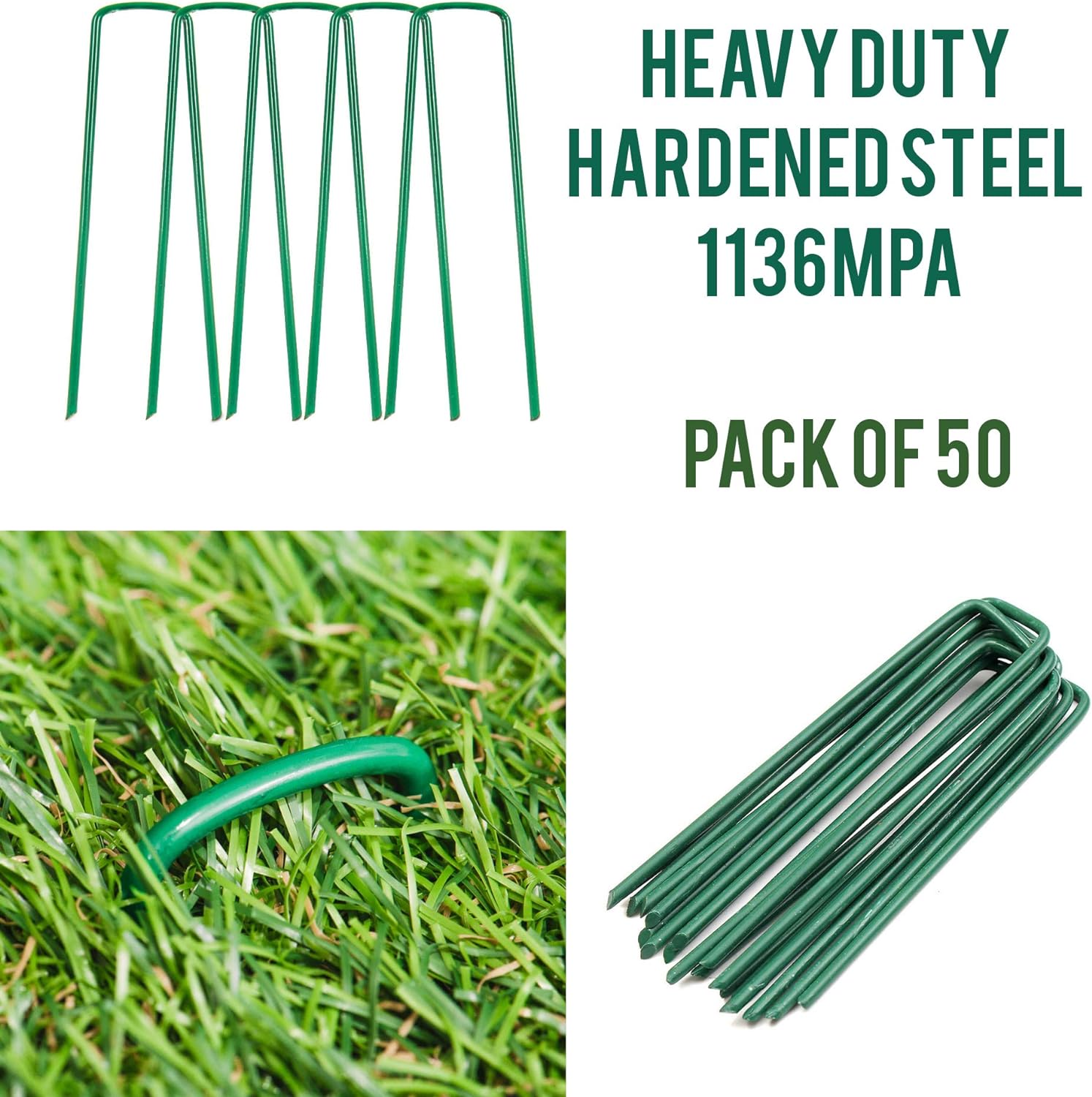 ADEPTNA Heavy Duty Green U-Shaped Garden Pins Securing Galvanised Metal Pegs For Artificial Grass Weed Fabric Landscape Netting Ground Sheets Fleece 15cm Powder Coated (PACK OF 50)