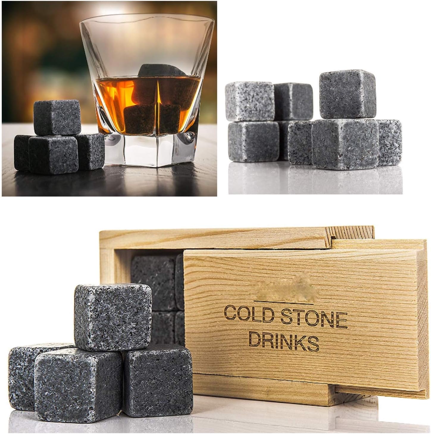 ADEPTNA Premium 8pc Whisky Ice Stones Drink Cooler Cubes Whiskey Scotch Rocks Granite Comes in Exclusive Wooden Domino Box- It's an Extremely Awesome Gift Idea for Men