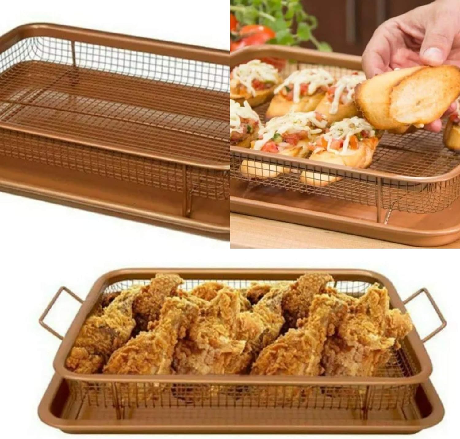 ADEPTNA 2PCS Copper Infused Multi-Purpose Crisper Tray Set Non Stick Mesh Pan Air Fryer Oven Grill Tray Basket (Rectangle Crisper Tray Set)