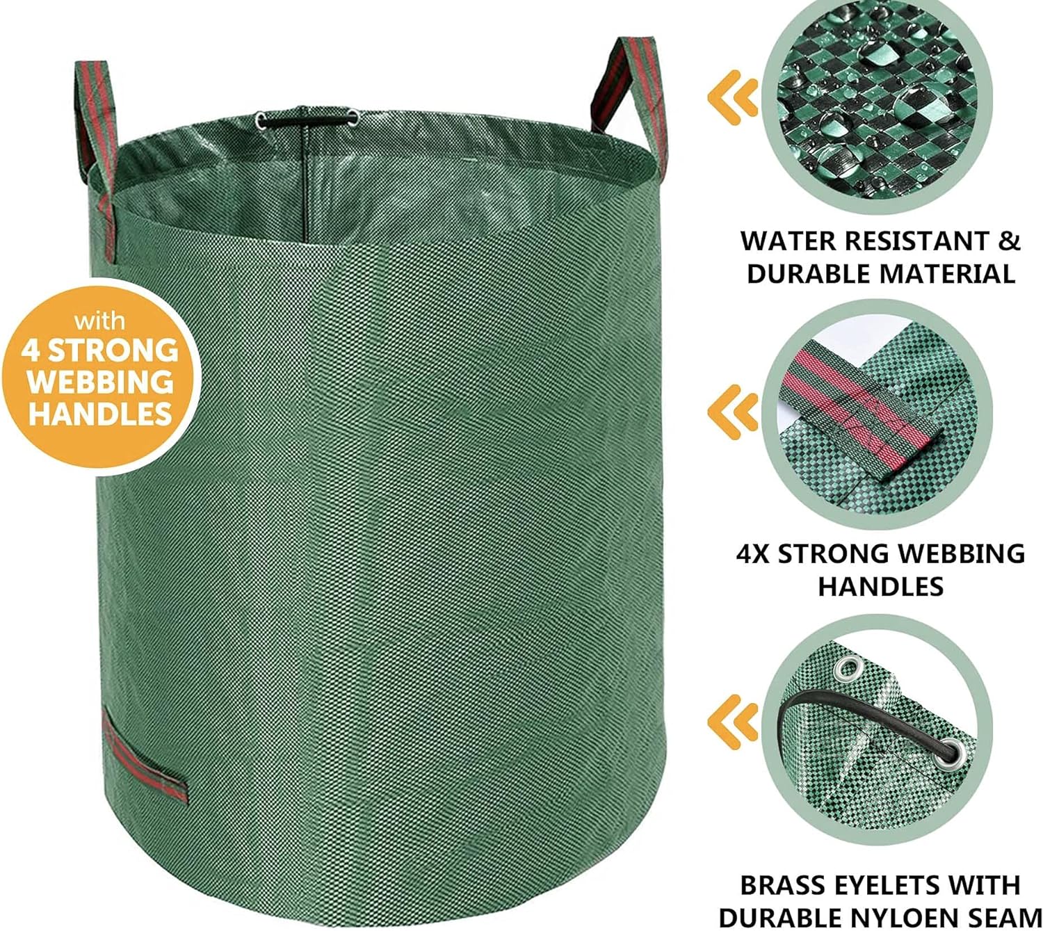 ADEPTNA Reusable Heavy Duty Garden Bag Waste Rubbish Grass Sack Waterproof Large with 4 Strong Webbing Handles (300L Capacity)