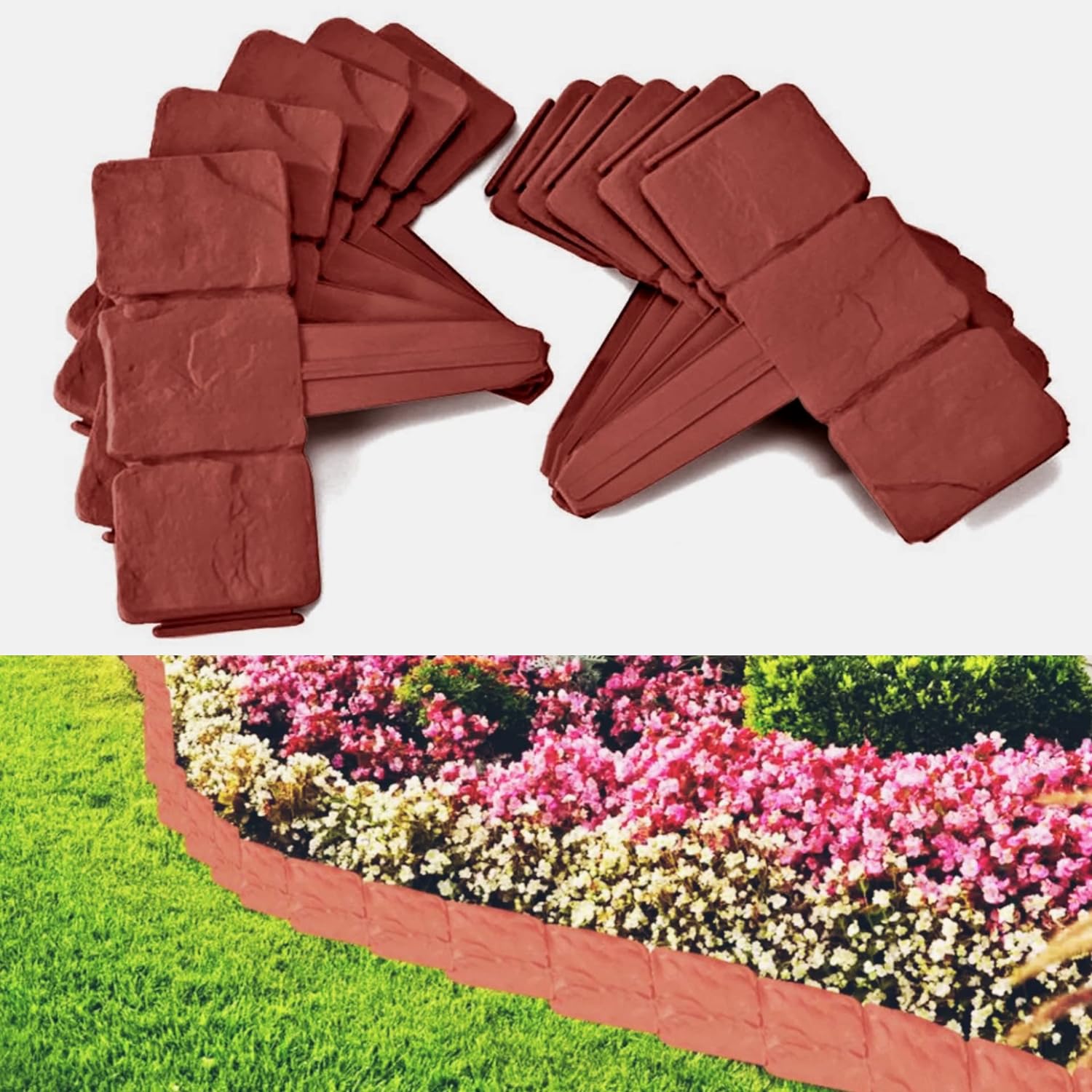 ADEPTNA 20 Pack Interlocking Garden Edging Cobbled Stone Effect Plastic Lawn Plant Border Just Hammer IN – Ideal for Borders Flowerbeds Paths and Lawns – Create Any Shape Up to 16ft Long