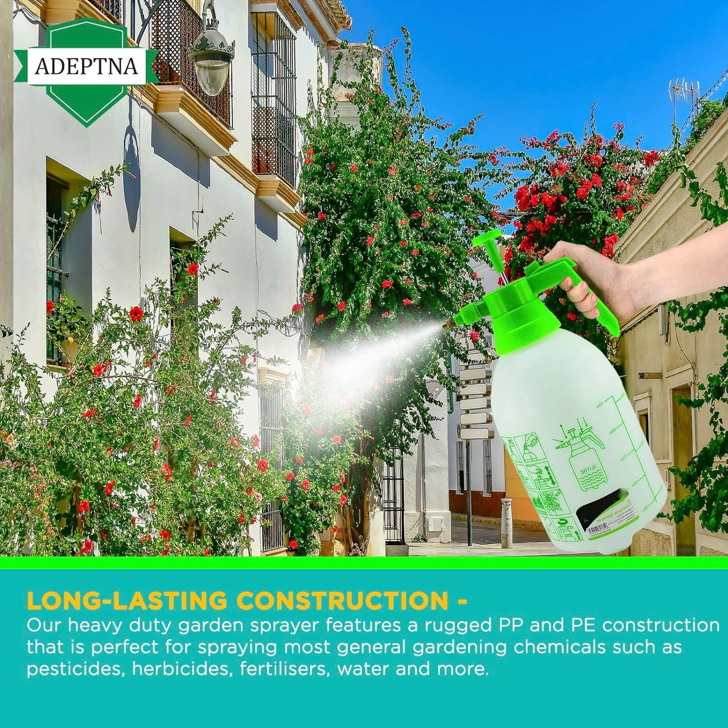 ADEPTNA Garden 3L Pressure Spray Bottle – Adjustable Pump Action Water Sprayer – Ideal for Spraying Water Fertilisers Herbicides Pesticides (3 LITRE)