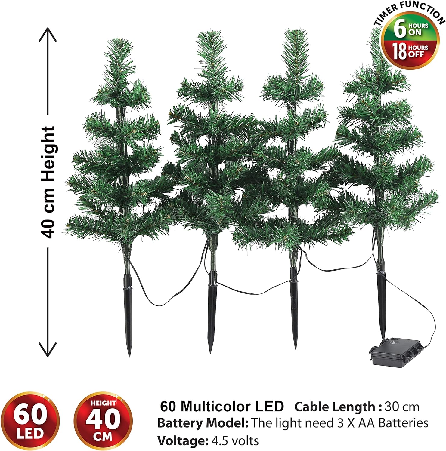 Almineez 4 x Christmas Tree Pre-Lit 60 LED Pathway Lights Garden Indoor Outdoor Path Stake Lights Xmas Decorations - Pathfinder Festive Lights with 6 Hour Timer (Warm White LED)