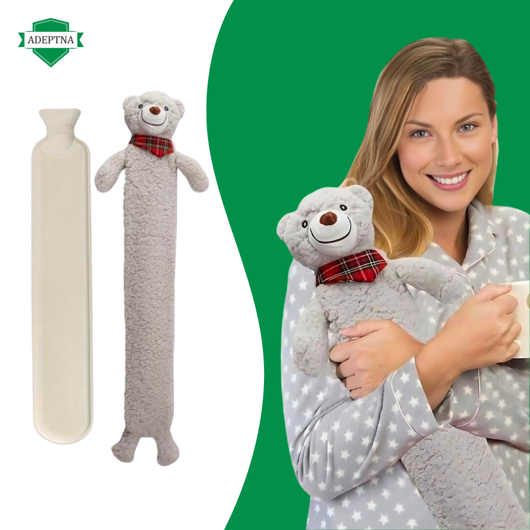 ADEPTNA 2L Extra Long Hot Water Bottle with Sherpa Animal Character with Soft Plush Faux Fur Cover