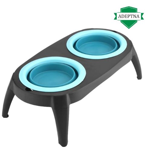 ADEPTNA Collapsible Pet Feeding Bowl Set with Foldable Tray- Easy to Clean and Anti-Slip Stand Great for Traveling Hiking Camping Home Indoor Outdoor (BLUE)