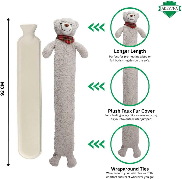 2L Extra Long Hot Water Bottle with Sherpa Animal Plush Cover