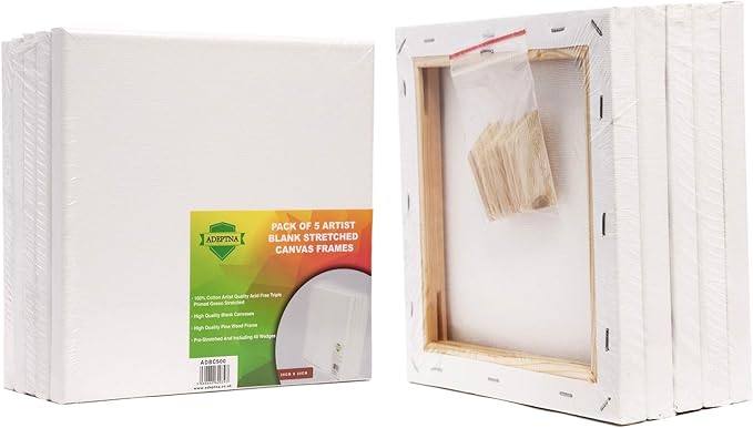 Pack of 5 Artist Blank Stretched Canvas Frames - 100% Cotton Artist Quality (20CM X 20CM)