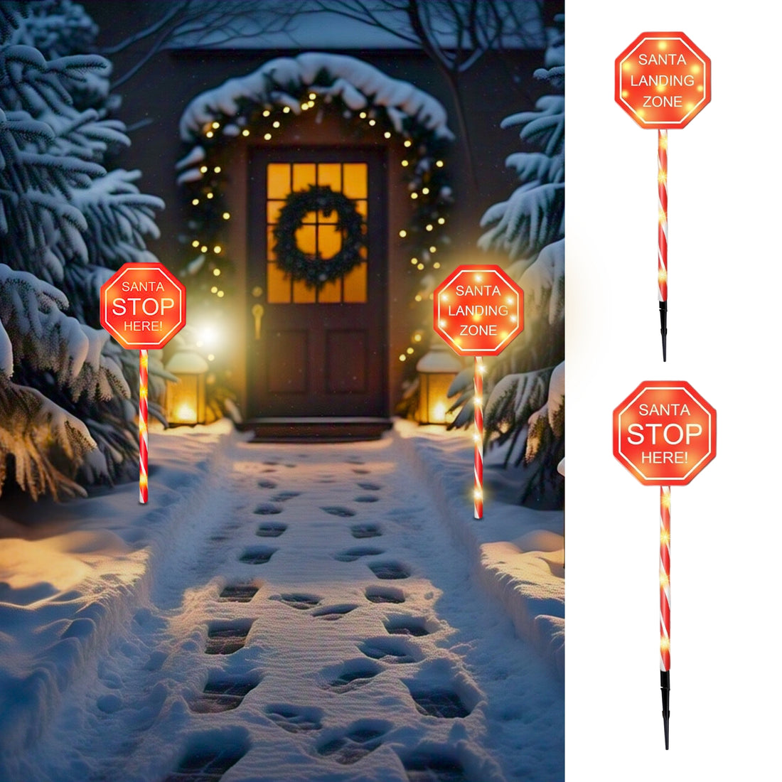 Set of 2 Christmas Light-Up Signs – Double-Sided Design Santa Stop Here & Santa Landing Zone with Ground Stakes