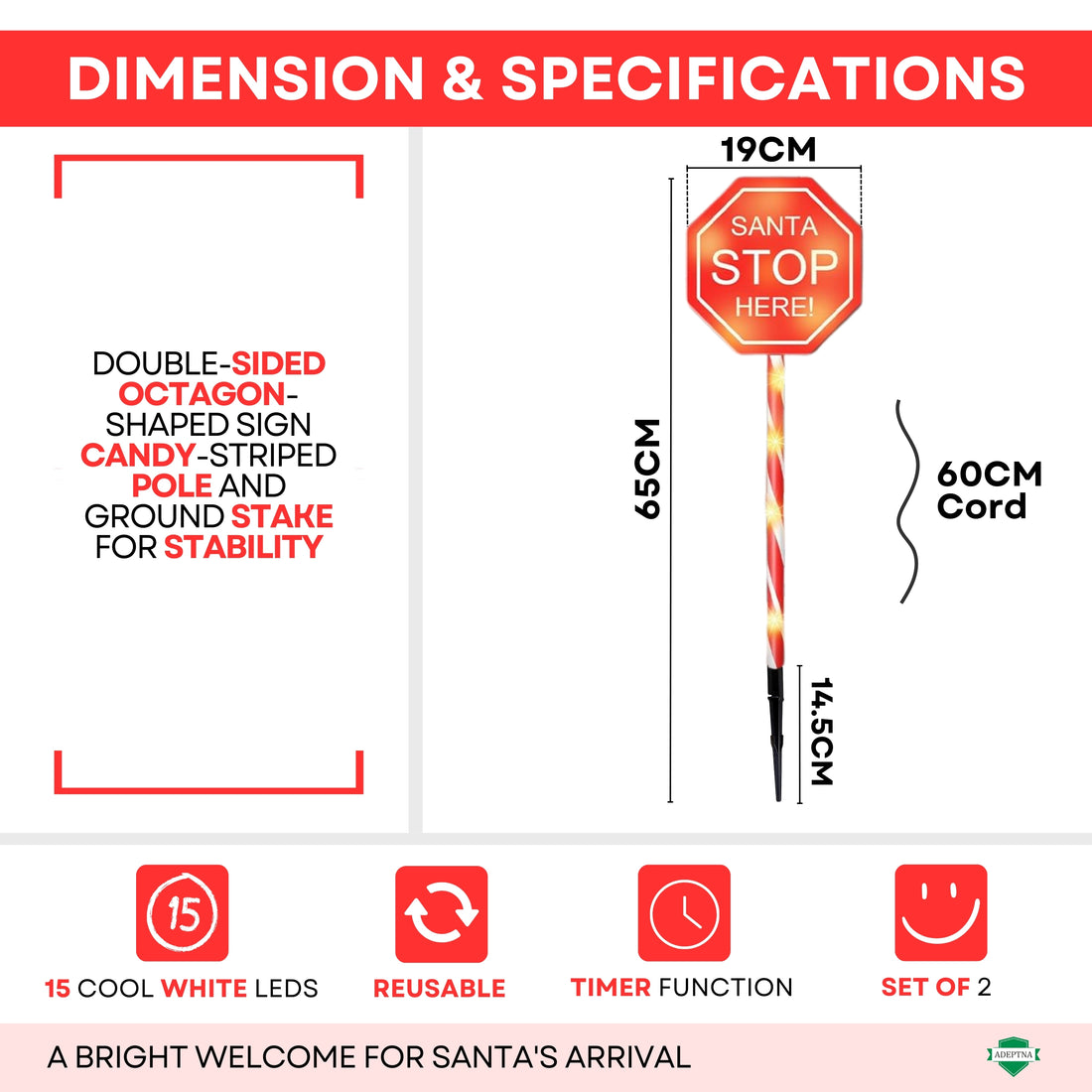 Set of 2 Christmas Light-Up Signs – Double-Sided Design Santa Stop Here & Santa Landing Zone with Ground Stakes