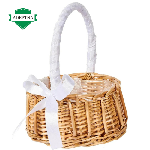 Wicker Rattan Flower Basket Handle Wedding Flower Girl Hand Basket Handmade with Bow -