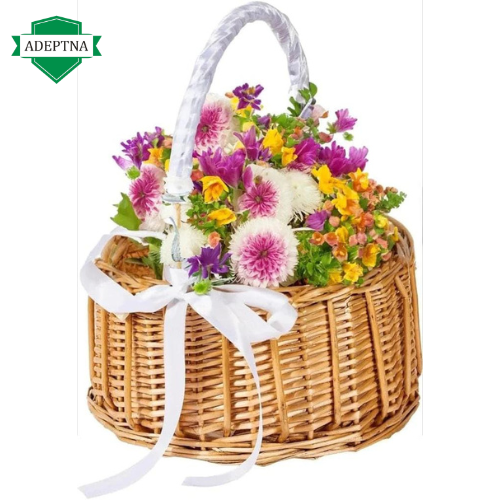 Wicker Rattan Flower Basket Handle Wedding Flower Girl Hand Basket Handmade with Bow -