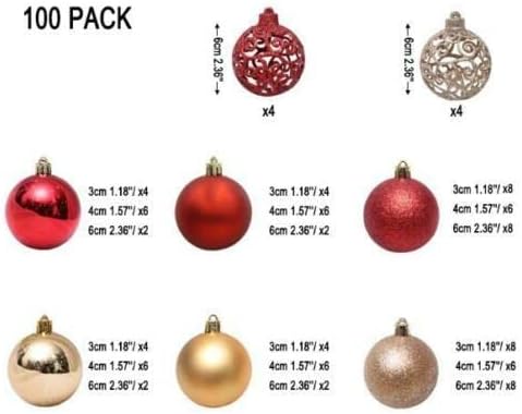 ADEPTNA Premium Assorted 100 Pack Christmas Tree Bauble Set – Shatterproof Baubles Gold and Red Decoration Set Hanging Ornament Xmas Trees – Reusable Xmas Bauble Balls