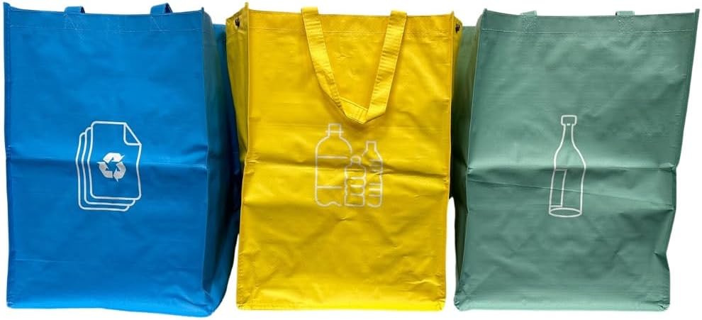 Heavy Duty Reusable Pack of 3 Recycle Bags With Strong Handles Colour Coded Plastic Glass Paper Storage Bin Bag Sack