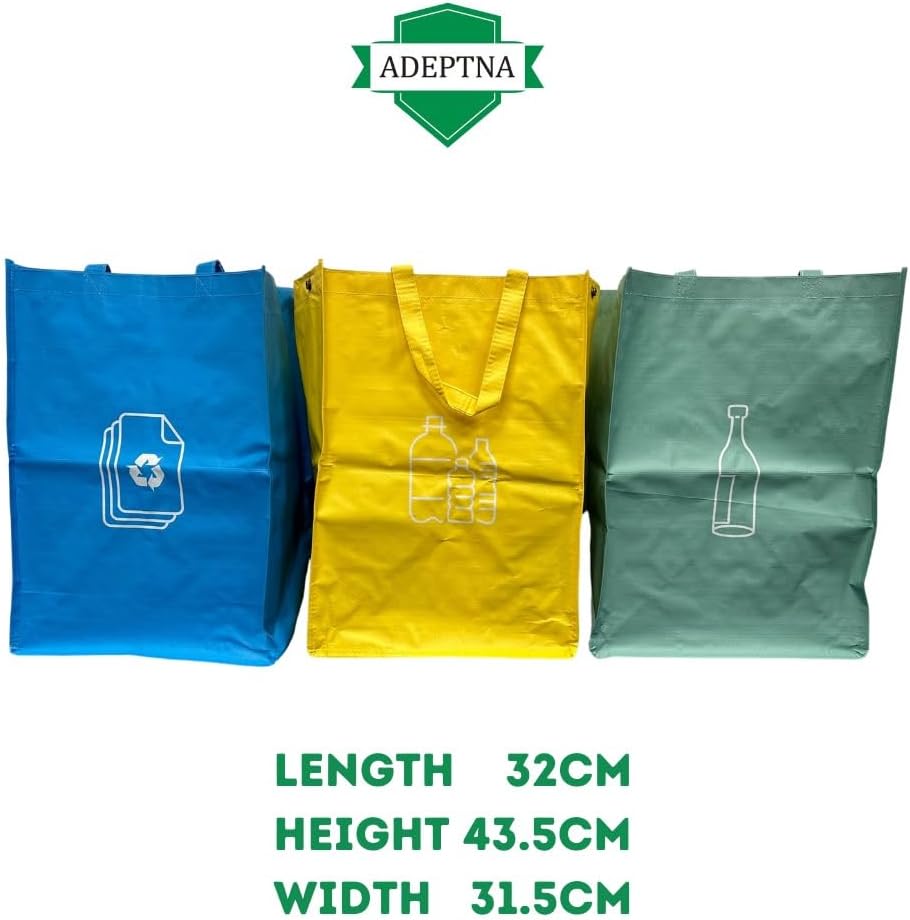 Heavy Duty Reusable Pack of 3 Recycle Bags With Strong Handles Colour Coded Plastic Glass Paper Storage Bin Bag Sack